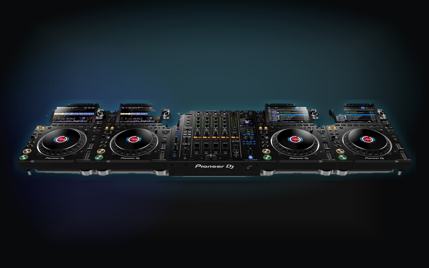Four Pioneer CDJ-3000s connected with a DJM-A9 mixer