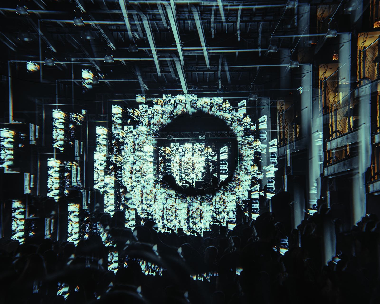 Crowd under blue LED installations
